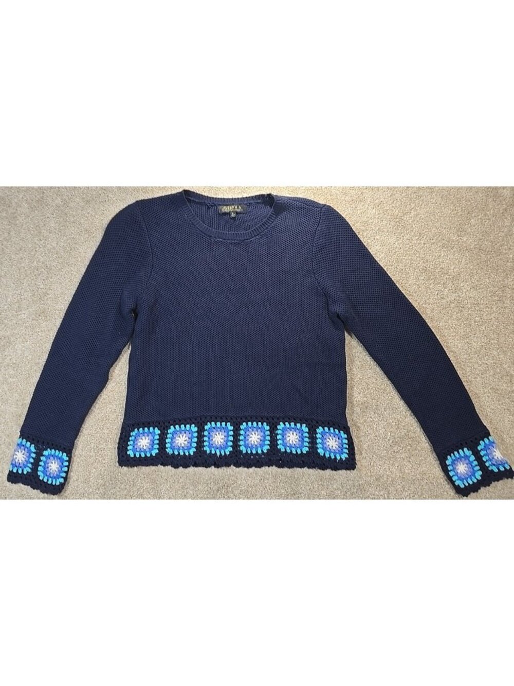 Joseph A. Cotton Sweater Blue Granny Square Cottagecore Casual Pullover Women L